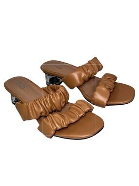 MG Tan Ruched Strap Slide Sandal Low Heel Square Toe Minimalist Size EU36 Size 6